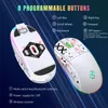 Two white gaming mice are shown on a dark blue background with light streaks. Text overlays describe the features of the mice. Produktbild-Vorschau
