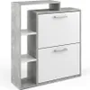 A modern shoe cabinet with two flip-down drawers and open shelves on the side. Produktbild-Vorschau
