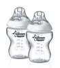 Two clear baby bottles with white nipples and white collars are shown against a white background. Voir les images du produit