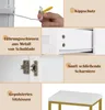 A collage of close-up images highlighting features of a white vanity set, including anti-tip hardware, drawer slides, hinges, and a stool cushion. Podgląd zdjęcia produktu