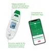 A digital thermometer and a smartphone are displayed side-by-side, illustrating the thermometer's connection to a health app. Náhled obrázku produktu