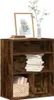 A wooden bookshelf with books and a plant. Produktbild-Vorschau