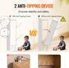 Illustration comparing a bookshelf with and without an anti-tipping device, showing a child playing near it. Podgląd zdjęcia produktu