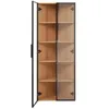 A tall, narrow cabinet with two doors, one of which is open, revealing several shelves inside. The cabinet has a black frame and natural wood-colored shelves. One door is made of glass. Produktbild-Vorschau