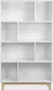A white bookshelf with a wood-colored base and legs, shown against a white background. Produktbild-Vorschau
