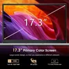A laptop screen displaying a colorful abstract wallpaper with text overlays highlighting screen size and features. Produktbild-Vorschau