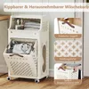 A laundry cart with a removable basket and storage compartments, shown with close-up insets highlighting features. Náhled obrázku produktu