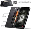 A black leather wallet-style phone case is shown open, displaying card slots and a phone screen. Produktbild-Vorschau