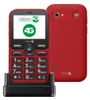 A red Doro Leva L10 mobile phone shown from the front and back, placed in its charging dock. Produktbild-Vorschau