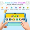 A child's hand holding a blue and green tablet, displaying various app icons on its screen. The background is a light blue gradient with decorative owls and bunting. Produktbild-Vorschau
