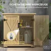 A wooden garden storage cabinet with its doors open, showing tools and a bucket inside. Text overlays highlight security features. Náhľad obrázku produktu