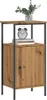 A wooden nightstand with a metal frame, a drawer, and a clock on top. Produktbild-Vorschau