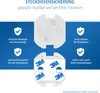 Product marketing image showing child safety plugs for electrical outlets, with feature callouts. Anteprima dell’immagine prodotto