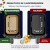 The image shows two options for air fryer accessories: parchment paper liners and a silicone liner. It highlights dimensions and availability. Anteprima dell’immagine prodotto