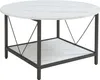 A round coffee table with a marble-look top and a lower shelf, supported by a dark metal frame. Podgląd zdjęcia produktu