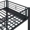 A close-up view of the black metal frame of a bunk bed, showing the railing and a shelf. Voir les images du produit