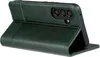 A dark green leather flip case for a Samsung Galaxy A35 5G is shown from a side angle, with the phone inserted and the cover folded back. Produktbild-Vorschau