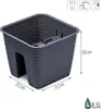 A dark gray square planter box with a textured, woven-like surface, shown from a slightly elevated angle. Dimensions and capacity are indicated with text and graphics. Podgląd zdjęcia produktu