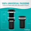 Diagrams and text illustrating the dimensions and features of a black pop-up drain assembly for a sink. Produktbild-Vorschau