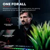 A man wearing gaming earphones, with text overlays describing product features. Produktbild-Vorschau