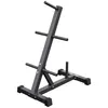 A black weight plate rack with multiple arms for storing weight plates, shown against a white background. Produktbild-Vorschau