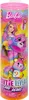 A cylindrical package for a Barbie Cutie Reveal doll, featuring a Barbie doll and two Care Bears characters with rainbow-themed designs. Produktbild-Vorschau