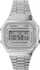 A close-up, front-facing studio shot of a silver Casio digital watch with a metal band against a white background. Voir les images du produit