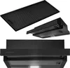 A black telescopic kitchen hood and its filter are displayed against a white background. Produktbild-Vorschau