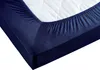 A close-up view of a dark blue fitted sheet on a mattress. Produktbild-Vorschau