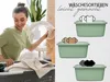 A woman is doing laundry next to a washing machine, with three green laundry baskets shown on the right side of the image, each containing different colored t-shirts. Produktbild-Vorschau