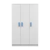A white wardrobe with three doors and blue handles, presented on a white background. Voir les images du produit