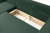 A close-up view of the interior storage compartment of a green corduroy sectional sofa. Voir les images du produit