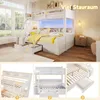 A white bunk bed with LED lighting, a ladder, and storage drawers, shown in a bedroom setting with large windows. The image is a collage of the main product shot and close-up details. Produktbild-Vorschau
