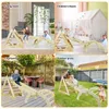 Collage of four images showing a wooden climbing triangle with a slide and arch in different settings: living room, children's room, courtyard, and outdoor grass. Produktbild-Vorschau