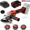 A collage of an angle grinder, its battery, charger, and warranty seals. Produktbild-Vorschau