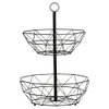A two-tiered black metal fruit basket stand with a geometric wireframe design, presented against a white background. Produktbild-Vorschau