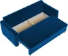 A blue sofa with its sleeping surface pulled out, revealing storage compartments underneath. Produktbild-Vorschau