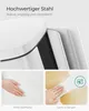 A collage showing details of a white trash can, including its material and ease of cleaning. Produktbild-Vorschau