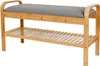 A wooden bench with a gray cushion and two slatted shelves. Produktbild-Vorschau