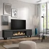 A modern living room with a TV stand featuring an electric fireplace, artwork on the wall, and a floor lamp. Produktbild-Vorschau
