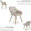 A marketing image showcasing a beige upholstered chair with gold legs, presented from multiple angles and accompanied by descriptive text. Produktbild-Vorschau