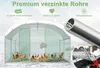 A chicken coop in a snowy environment with chickens inside, accompanied by marketing text and graphics. Produktbild-Vorschau