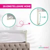 A close-up illustration of a baby bed rail, highlighting its adjustable height feature, with a larger view of the bed rail attached to a bed in the background. Produktbild-Vorschau