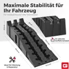 Two black car ramps are shown, with dimensions and features highlighted with text and icons. Produktbild-Vorschau