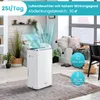 A white dehumidifier is shown in a living room setting with plants and furniture. Produktbild-Vorschau