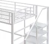 A close-up view of a white metal bunk bed with stairs and a safety rail. Náhled obrázku produktu