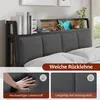 A close-up view of a bed headboard with integrated shelving and charging features, along with detail shots of the fabric and its texture. Produktbild-Vorschau