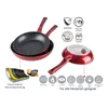 A product image showing multiple frying pans with accompanying feature callouts and compatibility icons. Produktbild-Vorschau