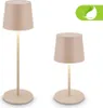 Two LED table lamps, one taller than the other, are shown against a white background. A green leaf icon is in the top right corner. Produktbild-Vorschau
