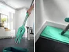 A split image showing a person using a mop to clean a floor in a room and a close-up of the mop head cleaning a corner. Produktbild-Vorschau